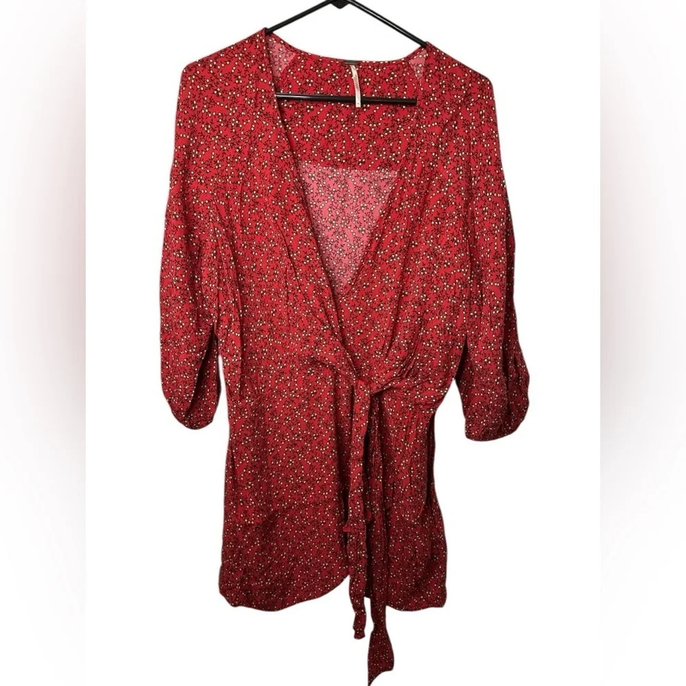 Free People Clara Floral Print Tunic Faux Wrap Red Mini Dress NWOT